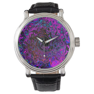 Trippy Black en Magenta Retro Liquid Swirl Horloge