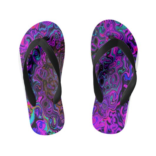 Trippy Black en Magenta Retro Liquid Swirl Kinder Teenslippers (Voetbed)