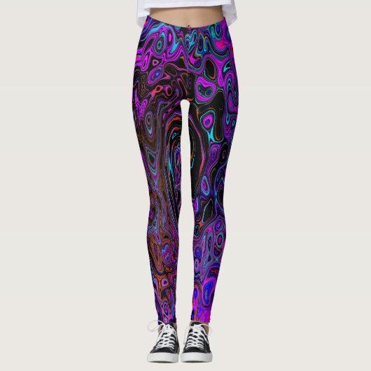 Trippy Black en Magenta Retro Liquid Swirl Leggings (Voorkant)