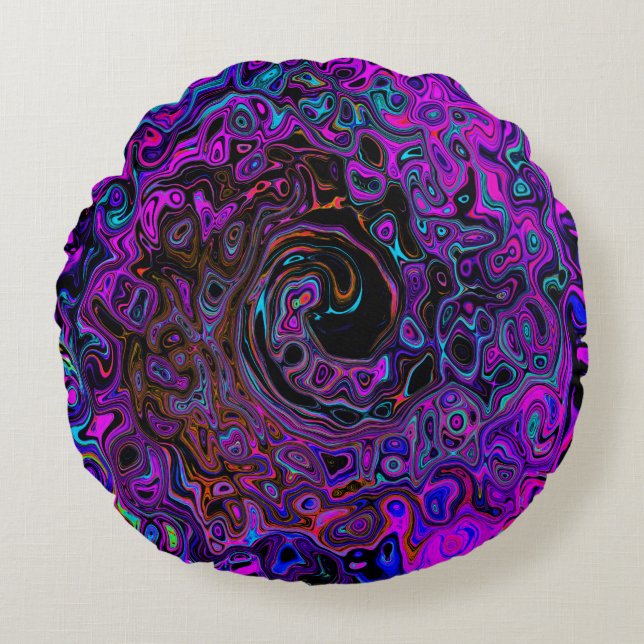 Trippy Black en Magenta Retro Liquid Swirl Rond Kussen (Voorkant)