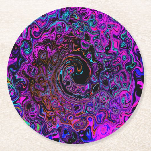 Trippy Black en Magenta Retro Liquid Swirl Ronde Kartonnen Onderzetter (Voorkant)