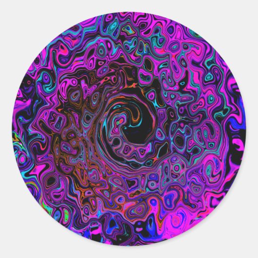 Trippy Black en Magenta Retro Liquid Swirl Ronde Sticker (Voorkant)