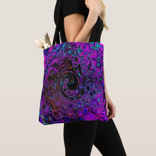 Trippy Black en Magenta Retro Liquid Swirl Tote Bag (Dichtbij)