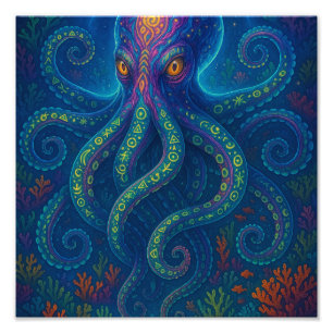 Trippy Blue Octopus Foto Afdruk