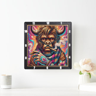 Trippy Buffalo Psychedelic Vierkante Klok