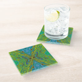 Trippy Chartreuse en Blauwe Abstracte Vlinder Glazen Onderzetter