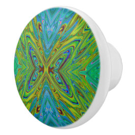 Trippy Chartreuse en Blauwe Abstracte Vlinder Keramische Knop