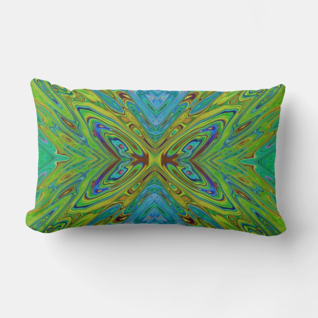Trippy Chartreuse en Blauwe Abstracte Vlinder Kussen (Voorkant)