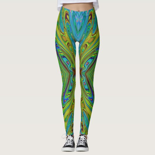 Trippy Chartreuse en Blauwe Abstracte Vlinder Leggings (Voorkant)
