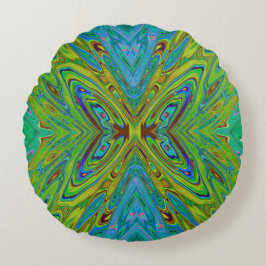 Trippy Chartreuse en Blauwe Abstracte Vlinder Rond Kussen