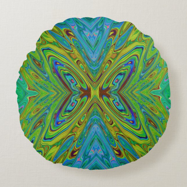 Trippy Chartreuse en Blauwe Abstracte Vlinder Rond Kussen (Voorkant)