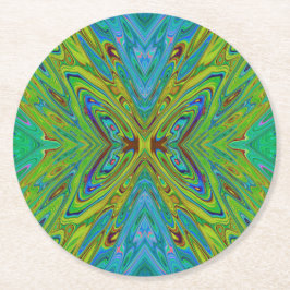Trippy Chartreuse en Blauwe Abstracte Vlinder Ronde Kartonnen Onderzetter