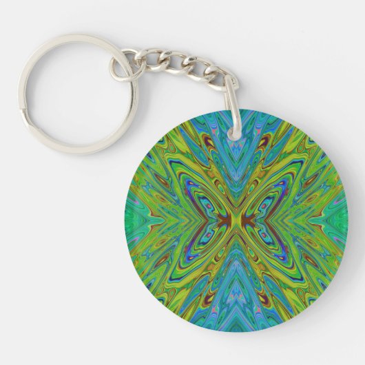 Trippy Chartreuse en Blauwe Abstracte Vlinder Sleutelhanger (Voorkant)