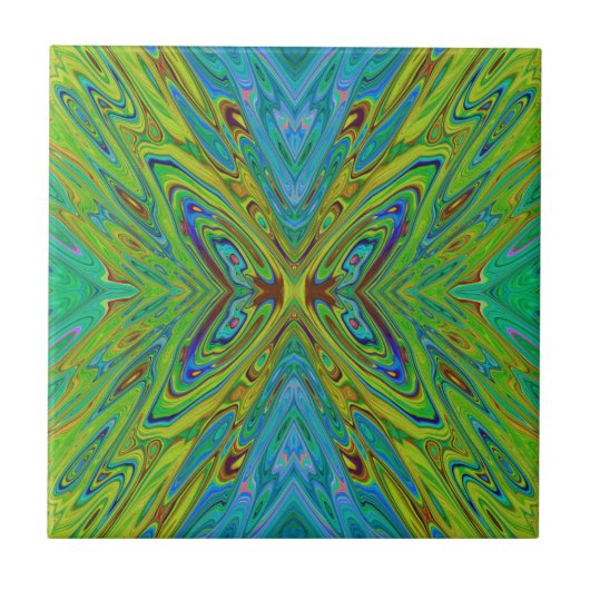 Trippy Chartreuse en Blauwe Abstracte Vlinder Tegeltje (Voorkant)