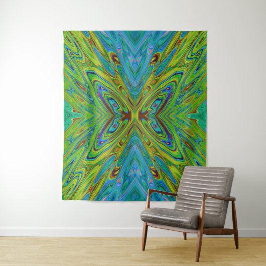 Trippy Chartreuse en Blauwe Abstracte Vlinder Wandkleed (In situ)