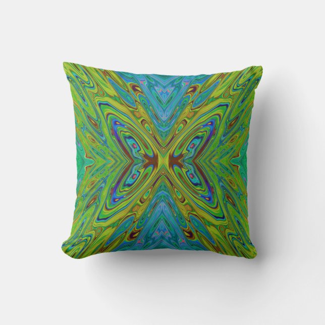 Trippy Chartreuse en Blue Abstract Butterfly Kussen (Voorkant)