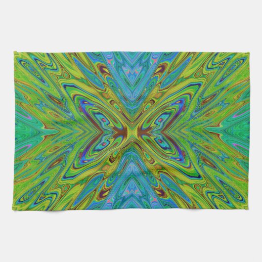 Trippy Chartreuse en Blue Abstract Butterfly Theedoek (Horizontaal)