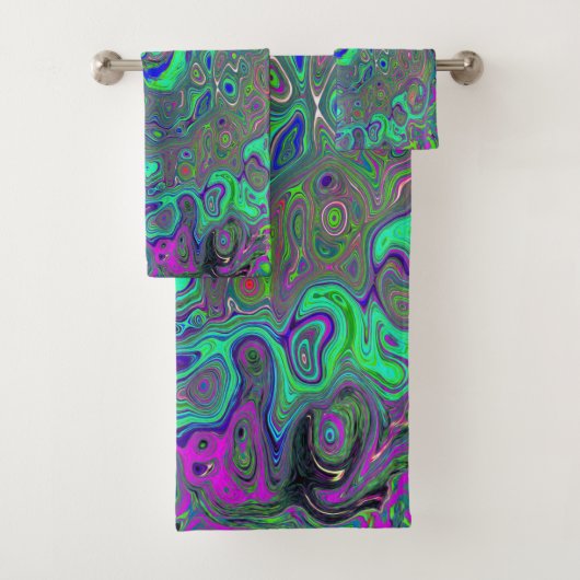 Trippy Chartreuse en Blue Retro Liquid Swirl Bad Handdoek (Insitu)