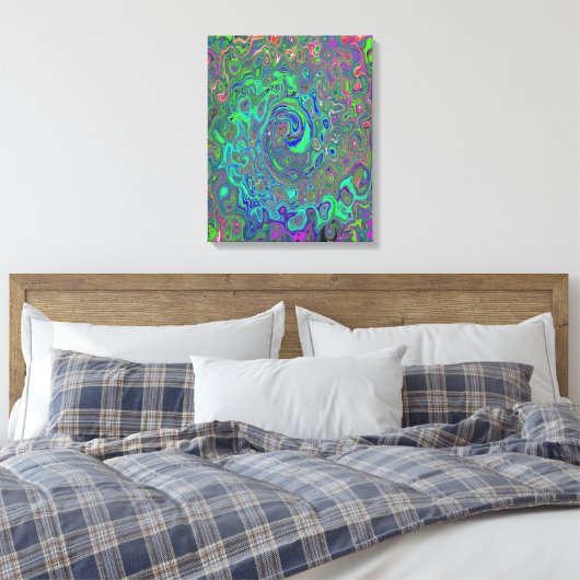 Trippy Chartreuse en Blue Retro Liquid Swirl Canvas Afdruk (Insitu (Slaapkamer))