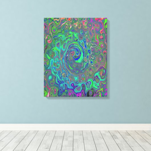 Trippy Chartreuse en Blue Retro Liquid Swirl Canvas Afdruk (Insitu (Houten vloer))