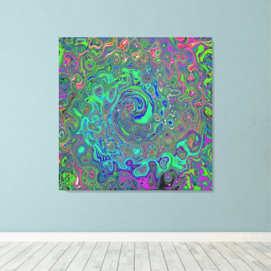 Trippy Chartreuse en Blue Retro Liquid Swirl Canvas Afdruk (Insitu (Houten vloer))