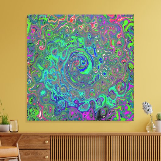 Trippy Chartreuse en Blue Retro Liquid Swirl Canvas Afdruk (Insitu (Woonkamer))