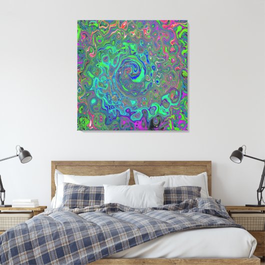 Trippy Chartreuse en Blue Retro Liquid Swirl Canvas Afdruk (Insitu (Slaapkamer))