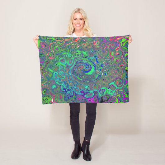 Trippy Chartreuse en Blue Retro Liquid Swirl Fleece Deken (In situ)
