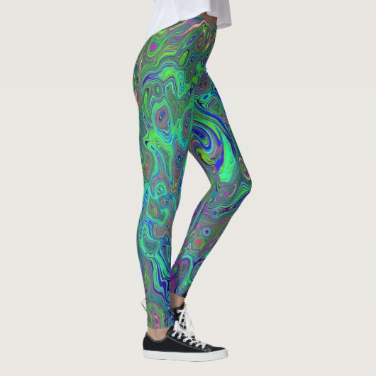 Trippy Chartreuse en Blue Retro Liquid Swirl Leggings (Rechts)