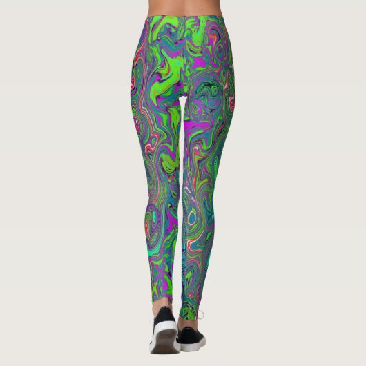 Trippy Chartreuse en Blue Retro Liquid Swirl Leggings (Achterkant)