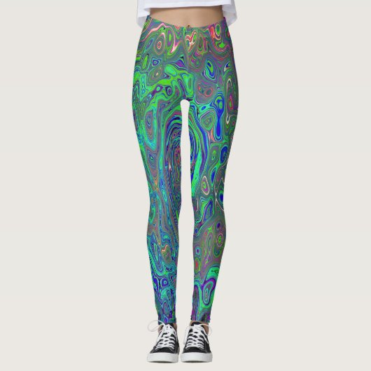 Trippy Chartreuse en Blue Retro Liquid Swirl Leggings (Voorkant)