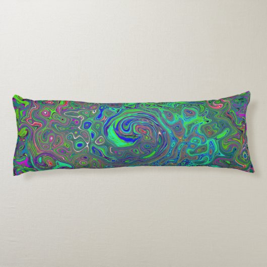 Trippy Chartreuse en Blue Retro Liquid Swirl Lichaamskussen (Achterkant)