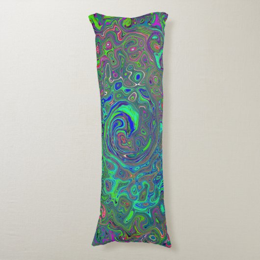 Trippy Chartreuse en Blue Retro Liquid Swirl Lichaamskussen (Voorkant Verticaal)