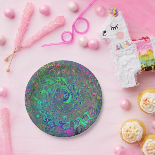 Trippy Chartreuse en Blue Retro Liquid Swirl Papieren Bordje (Feest)