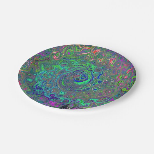 Trippy Chartreuse en Blue Retro Liquid Swirl Papieren Bordje (Gekanteld)