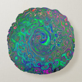 Trippy Chartreuse en Blue Retro Liquid Swirl Rond Kussen