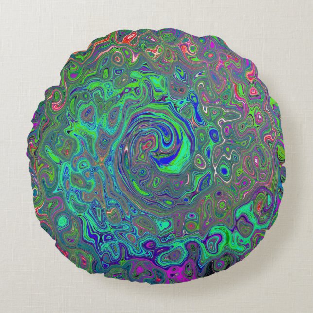 Trippy Chartreuse en Blue Retro Liquid Swirl Rond Kussen (Voorkant)