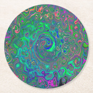 Trippy Chartreuse en Blue Retro Liquid Swirl Ronde Kartonnen Onderzetter