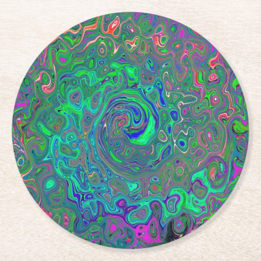 Trippy Chartreuse en Blue Retro Liquid Swirl Ronde Kartonnen Onderzetter (Voorkant)