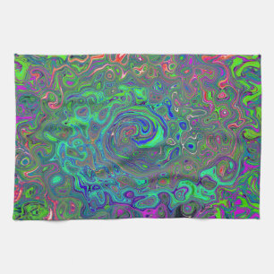 Trippy Chartreuse en Blue Retro Liquid Swirl Theedoek