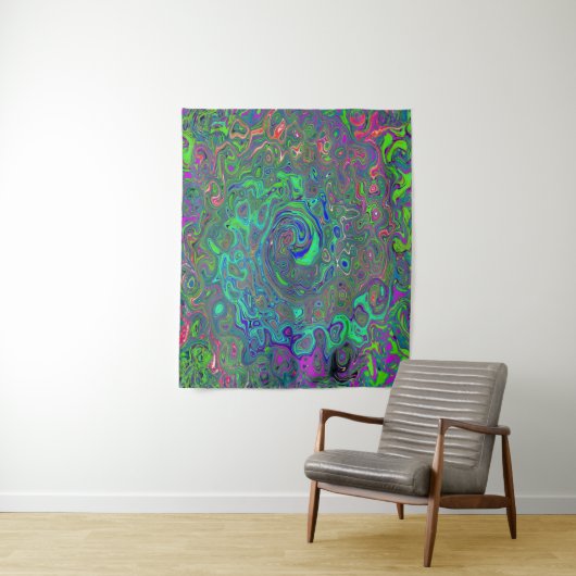 Trippy Chartreuse en Blue Retro Liquid Swirl Wandkleed (In situ)