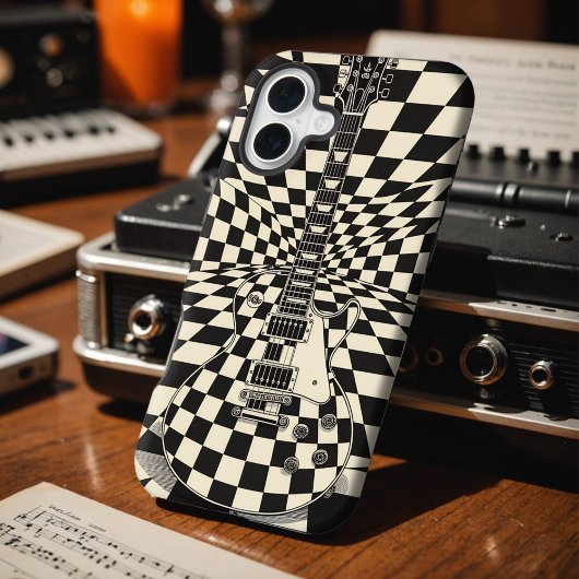Trippy Checkered Electric Guitar Black and White iPhone Hoesje