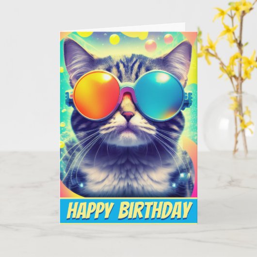 Trippy Cool Psychedelic Acid Trip Cat Kaart (Gele Bloem)