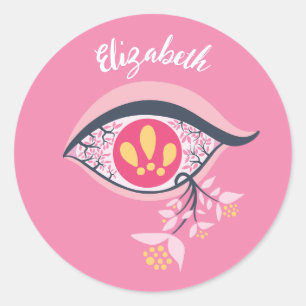 Trippy Eye Pink Floral Psychedelic Name Ronde Sticker
