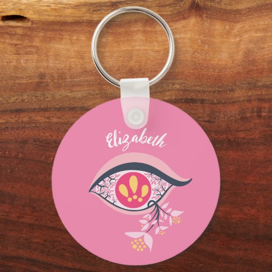 Trippy Eye Pink Floral Psychedelic Name Sleutelhanger (Achterkant)