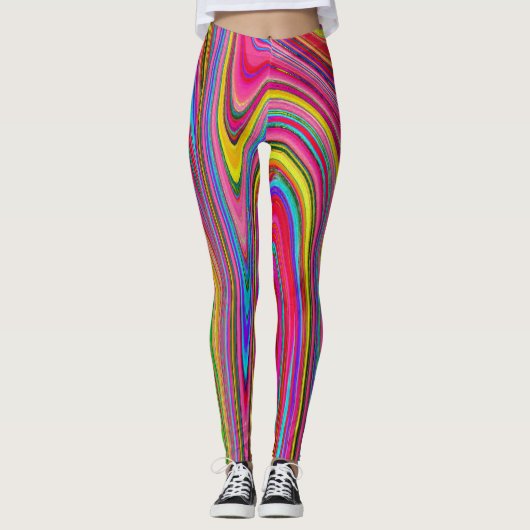 Trippy Geel, Rood en Blauw Abstract Groovy Kunst Leggings (Voorkant)