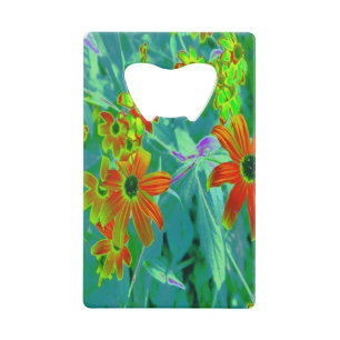 Trippy Gele en Rode Wilde Bloemen op Retro Blauw Creditkaart Flessenopener