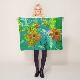 Trippy Gele en Rode Wilde Bloemen op Retro Blauw Fleece Deken