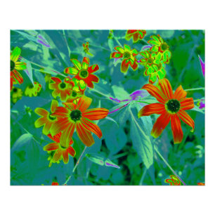 Trippy Gele en Rode Wilde Bloemen op Retro Blauw Perfect Poster