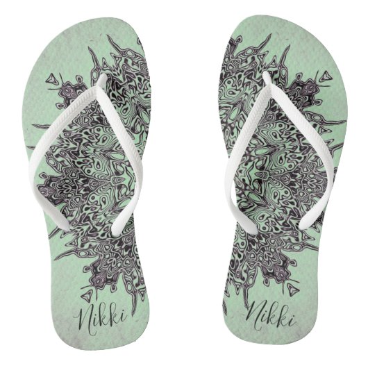 Trippy Gepersonaliseerde Mandala op Mint Green Teenslippers (Voetbed)